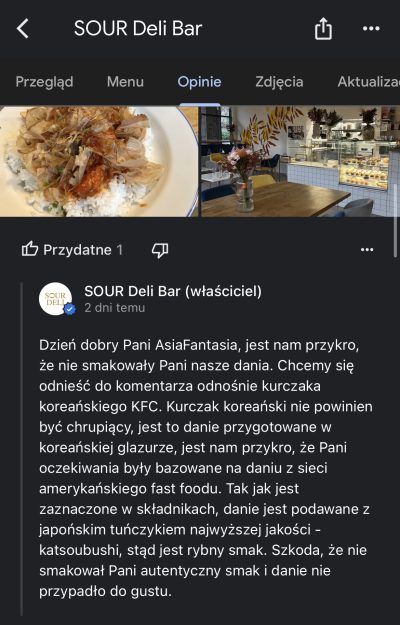 Odpowiedź właścicieli na opinię - SOUR Deli Bar - AsiaFantasia